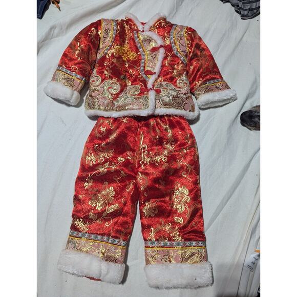 Traditional Chinese Toddler Two Piece Set Hanfu Faux fur trim tassel 3-4yrs - Picture 1 of 10